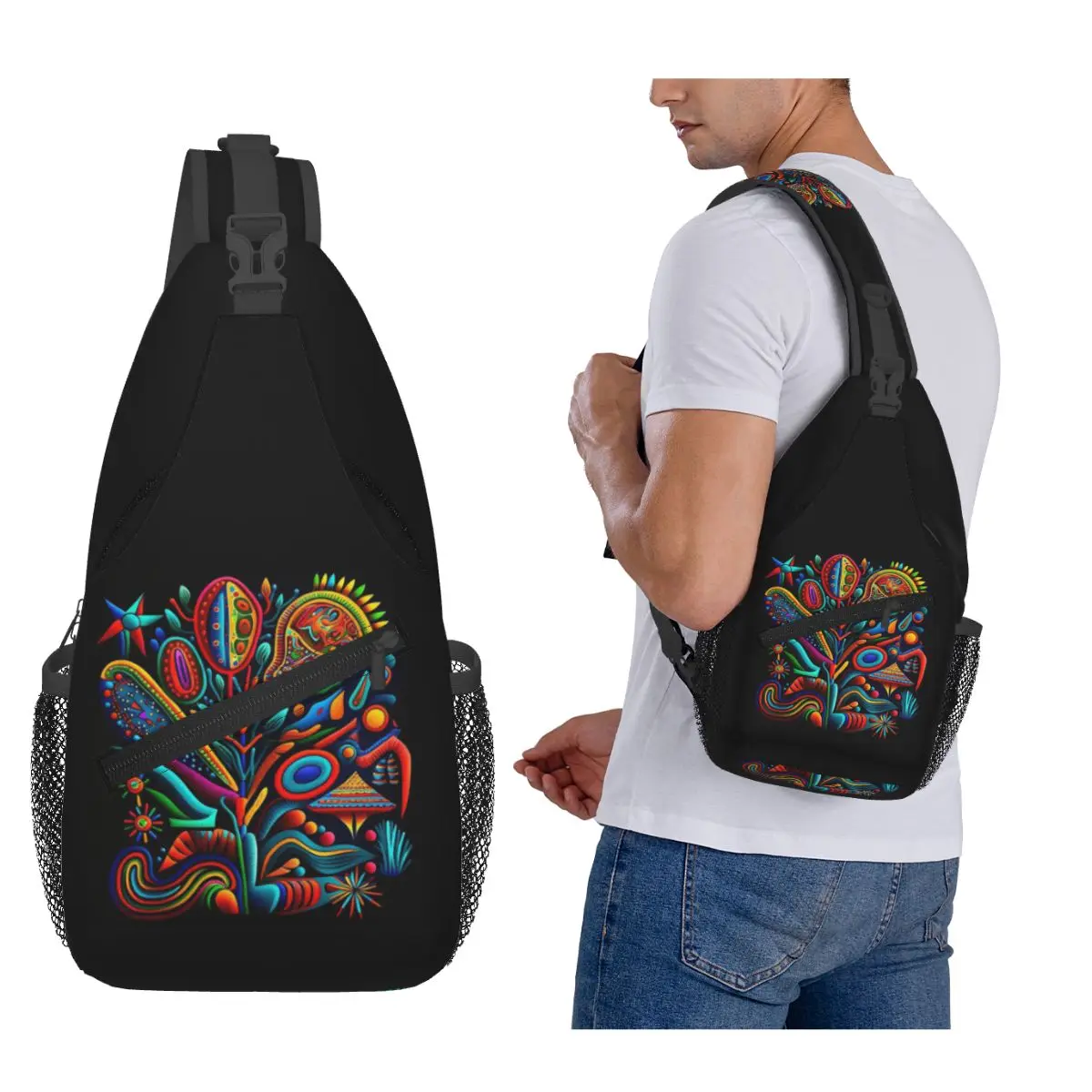 

Huichol Mexican Yarn Painting Style Throw Cushion Chest Bag Men Sling Crossbody Backpack Chest Bag Hiking Daypack Shoulder Bag