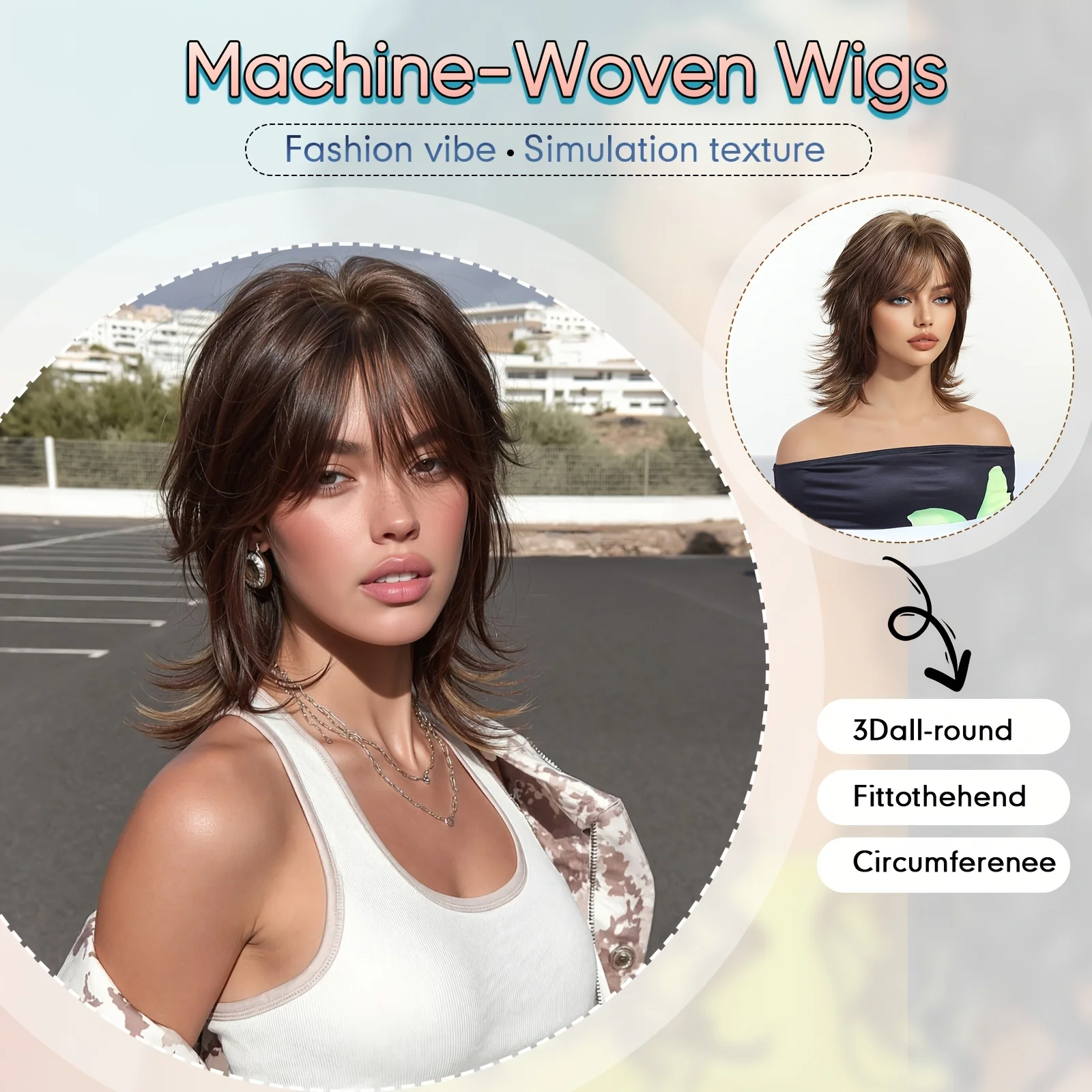 Brown-toned ombre French bangs wolf tail mackerel hair synthetic wig - ladies' personalized layered medium-length full head wig