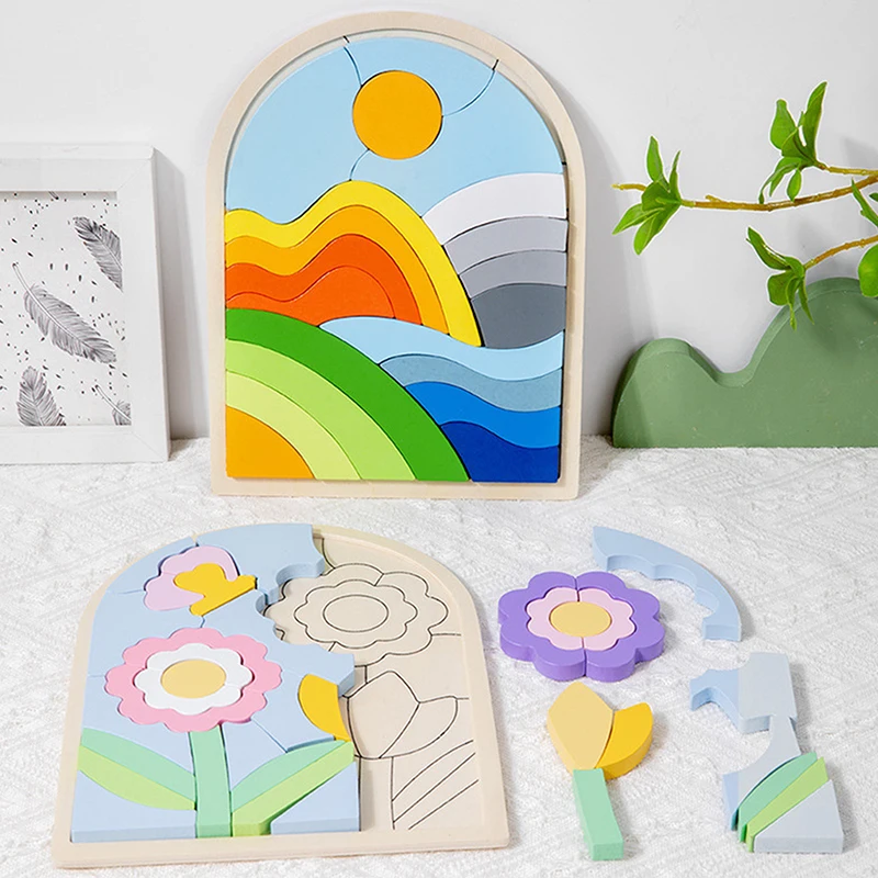 [JT]1Pc Wooden Rainbow Blocks Puzzle Rainbow Irregular Puzzles Early Educational Puzzle Toys Shape And Color Cognitive Toys