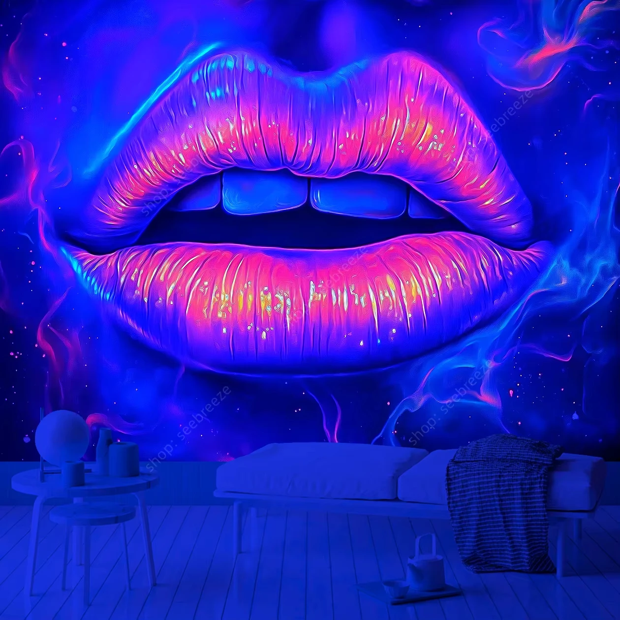 Neon Lips Psychedelic Cosmic Wall  Tapestry UV ReactiveWall Hanging Black light Modern Art Room Decor for Bedroom Living Room