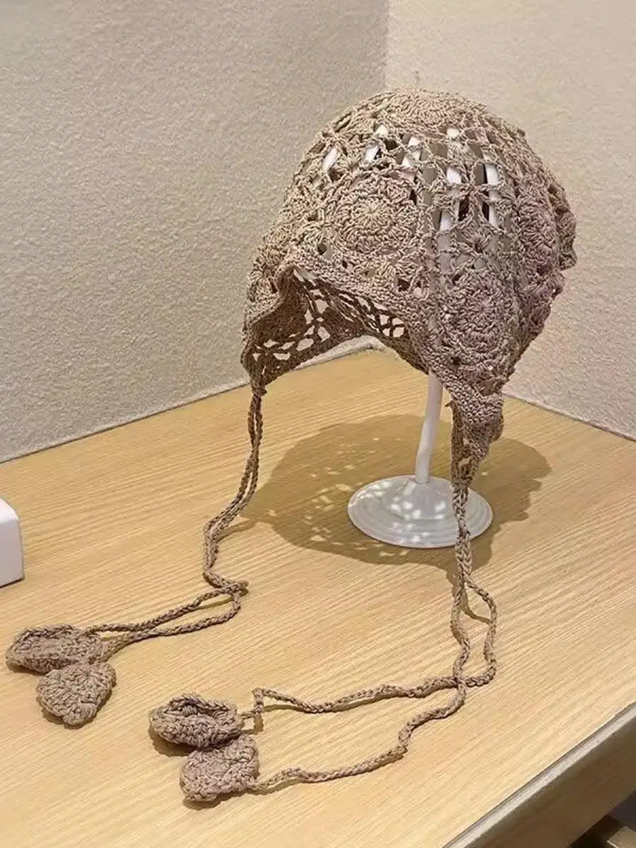 タッセルニット中空薄型ヘッドバンド帽子女性用オーバーヘッドペンダントエスニックスタイル手作り服2点セット