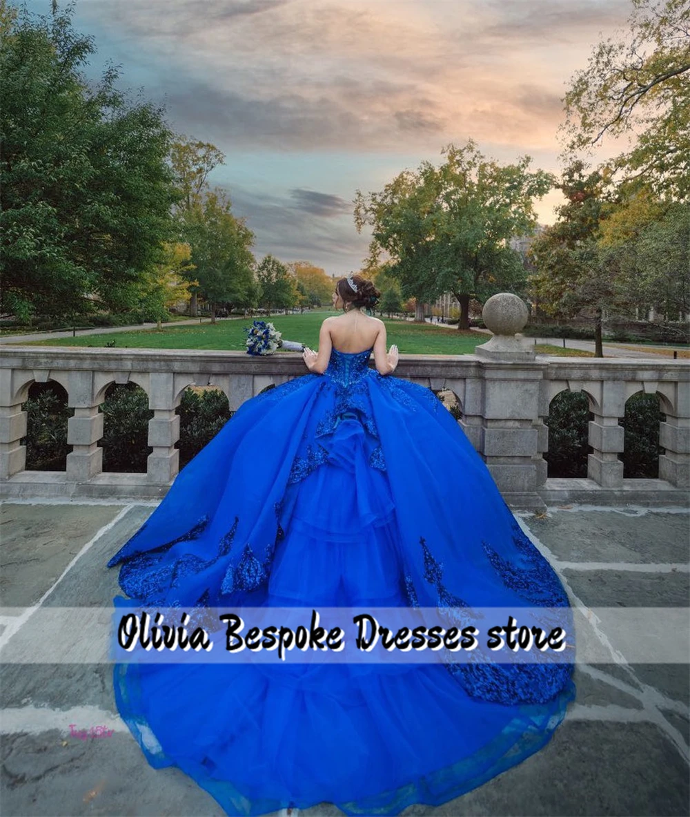 Perfect King Blue Ball Gown Quinceanera Dress Sweetheart Sequin Applique Ruffle With Sleeves vestidos de 15 quinceañera azul rey
