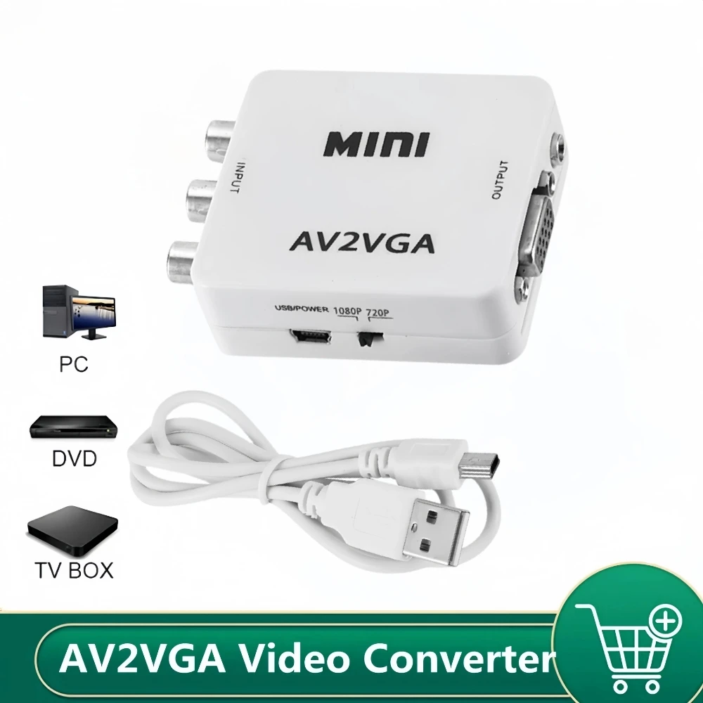 Konwerter wideo Mini konwerter 1080P RCA AV na wideo VGA konwerter z 3.5mm Audio AV2VGA / CVBS Audio na PC HD komputer do TV