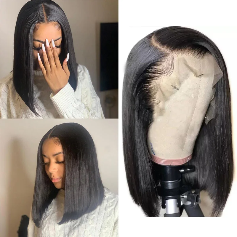 Wig Bob depan renda 13*4 Wig Bob pendek rambut manusia hitam alami Lurus untuk WANITA HITAM telah ditanami rambut kualitas tinggi Brasil