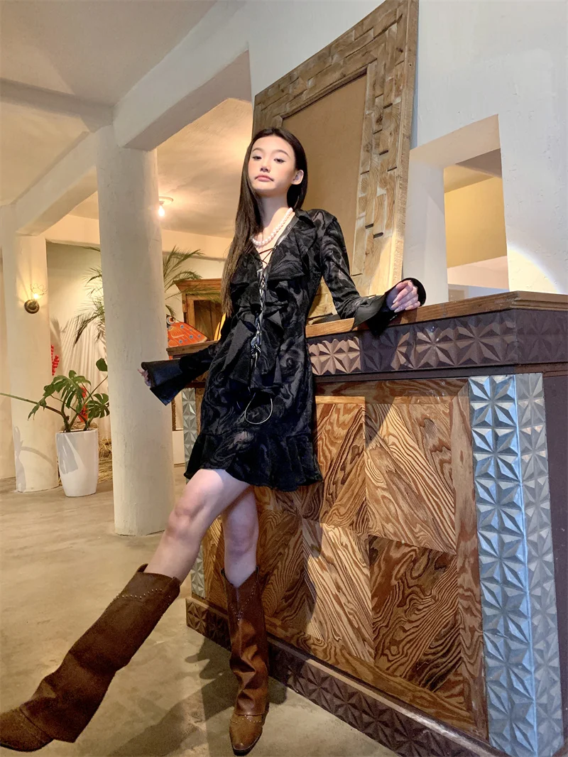 CHEERART Y2k Fashion Bandage Leather Patchwork Long Sleeve Dress Fall Clothes 2024 Women Flare Sleeve Ruffles Mini Ladies Dress