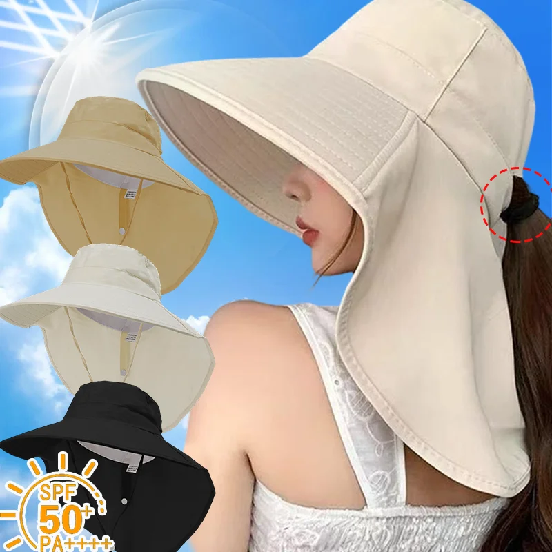 

Шляпа от солнца, уличная панама для женщин с чехлом на шею, складной ветрозащитный шнур, широкие поля, хвостик, отверстие, аксессуар для пляжной рыбалки