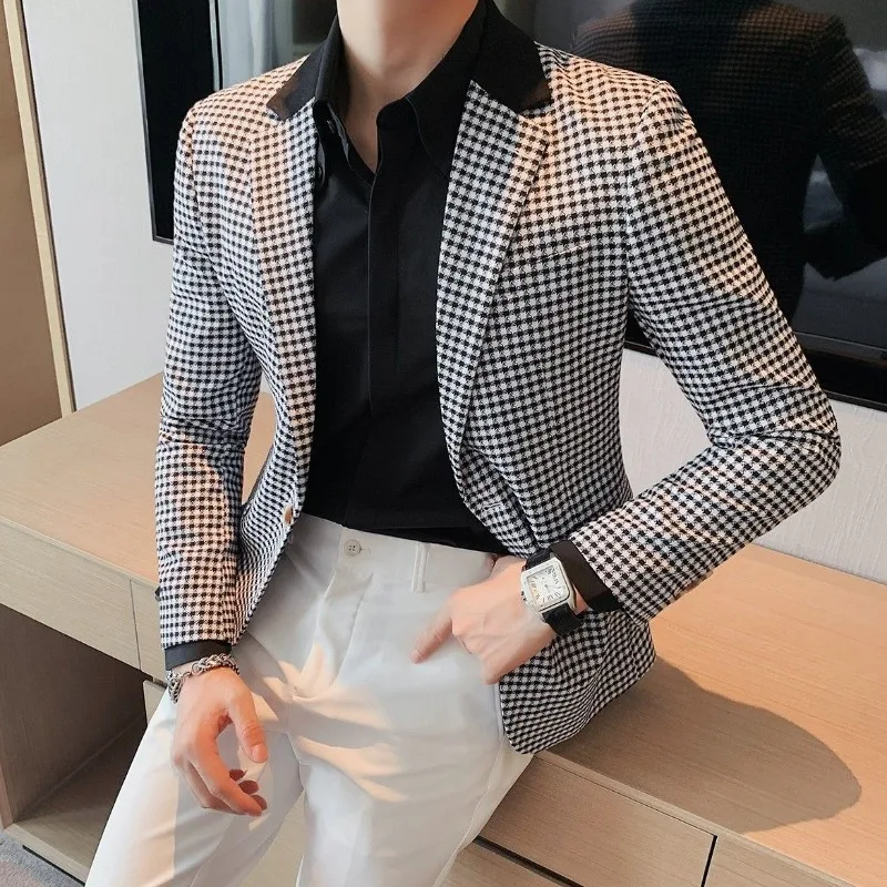 Business Man Suits and Blazers High Quality Korean Style Clothes Coats Elegant Simple Breasted New in Loose Plaid Jacket for Men
