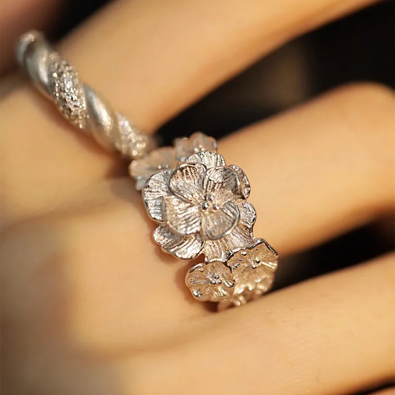 925 anillos de plata esterlina para mujer, anillo de flor ajustable hecho a mano Vintage, banda de moda, bisutería femenina, regalo
