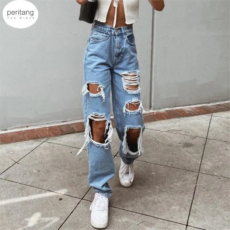 

Women's Fashion Sexy Jeans Casual Pants Big Holes Long Trousers Women Jeans Ripped Frayed Loose Denim Pants Women Clothing