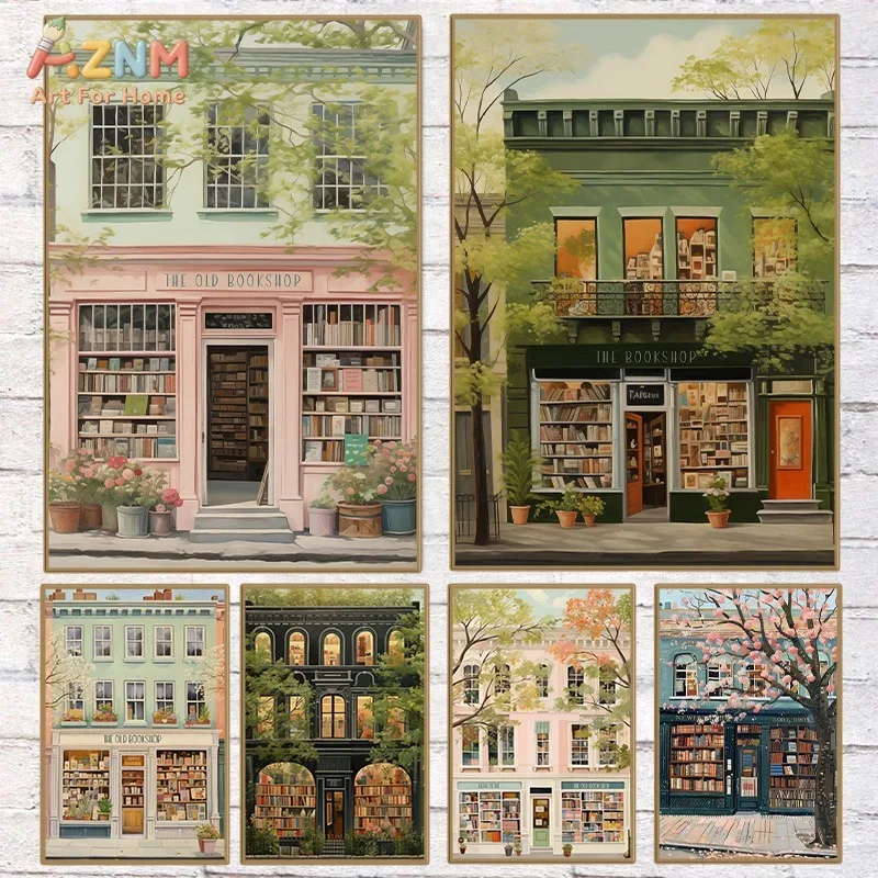 AZNM Vintage Bookstore Street Canvas Print Colorful Town Book Shop Building Green Tree Floral Scenery Soft Illustration Wall Pos
