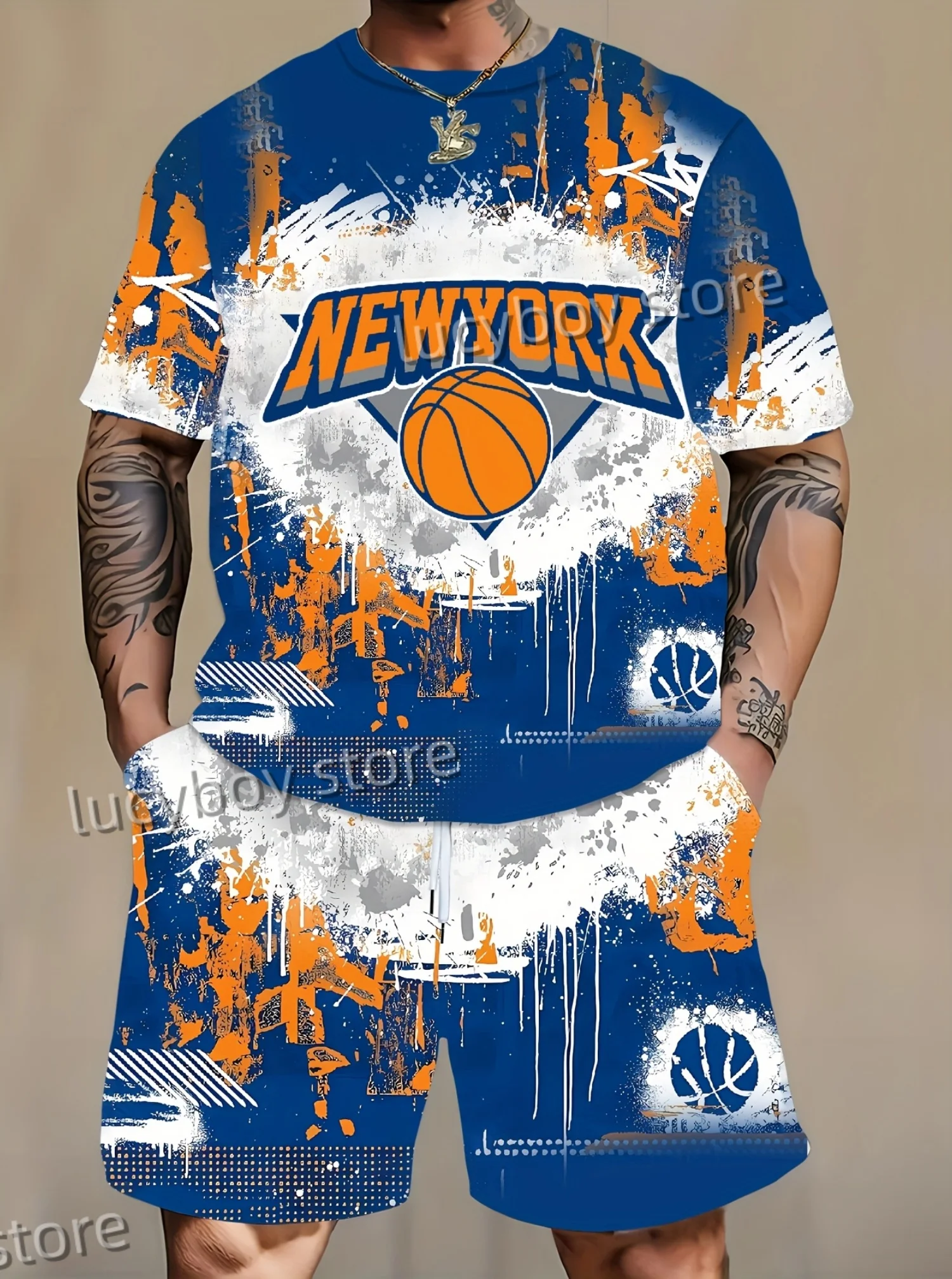 Verão masculino leve novo tigre prijnt agasalho conjunto de duas peças cor gradiente nova york 85 impressão esportes camiseta shorts conjunto