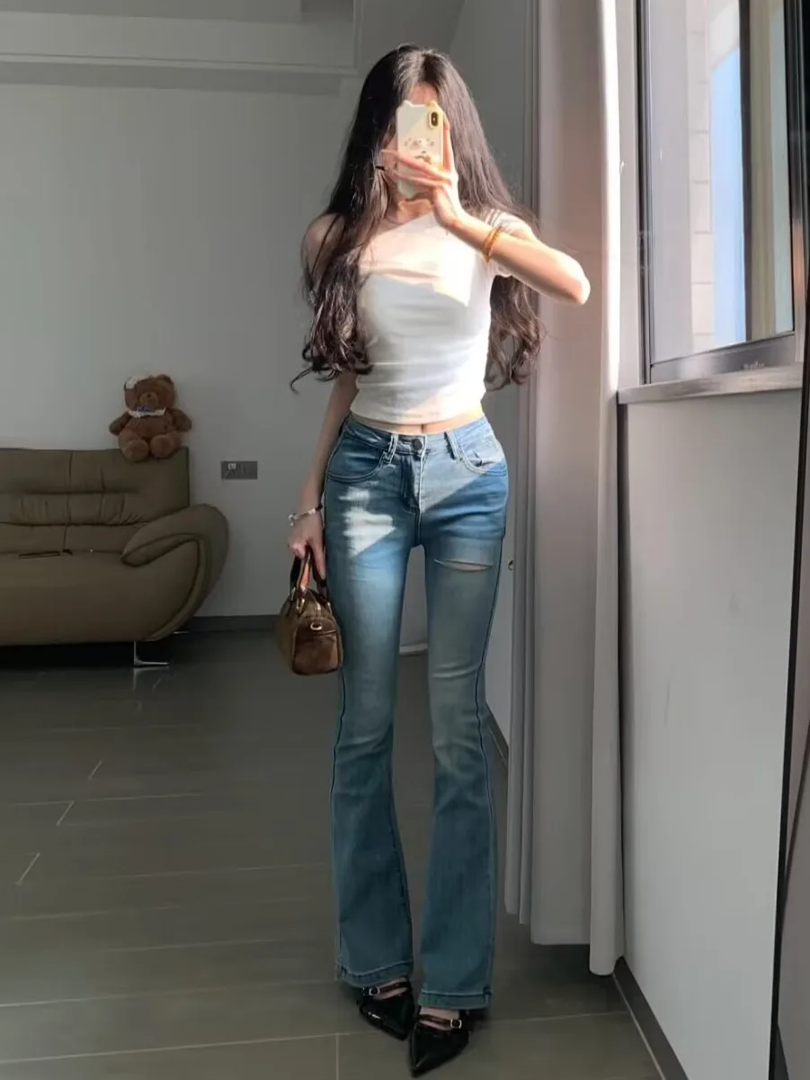 

High Waist Slim Fit Denim Jeans Women's High Waist Bell Bottom Hole Punching Cotton Stretch Spring Season Ladies Jeans
