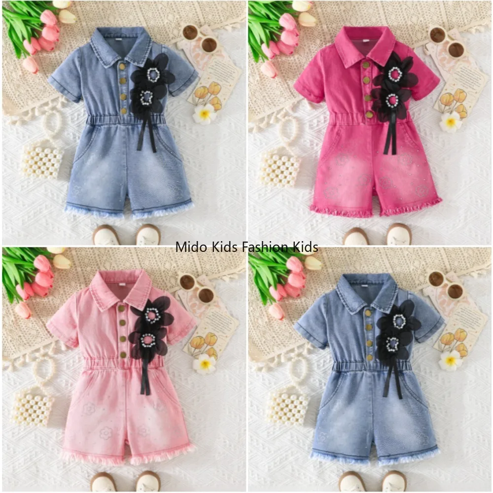 

2026 Джинсовый комбинезон для девочек с короткими рукавами и лацканами на талии с жемчужным цветочным декором