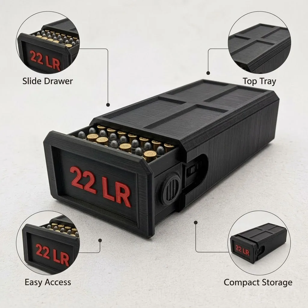 .22LR Pull-Out Ammunition 50 round set Storage Box Tactical Style Desktop Bullet Organizer
