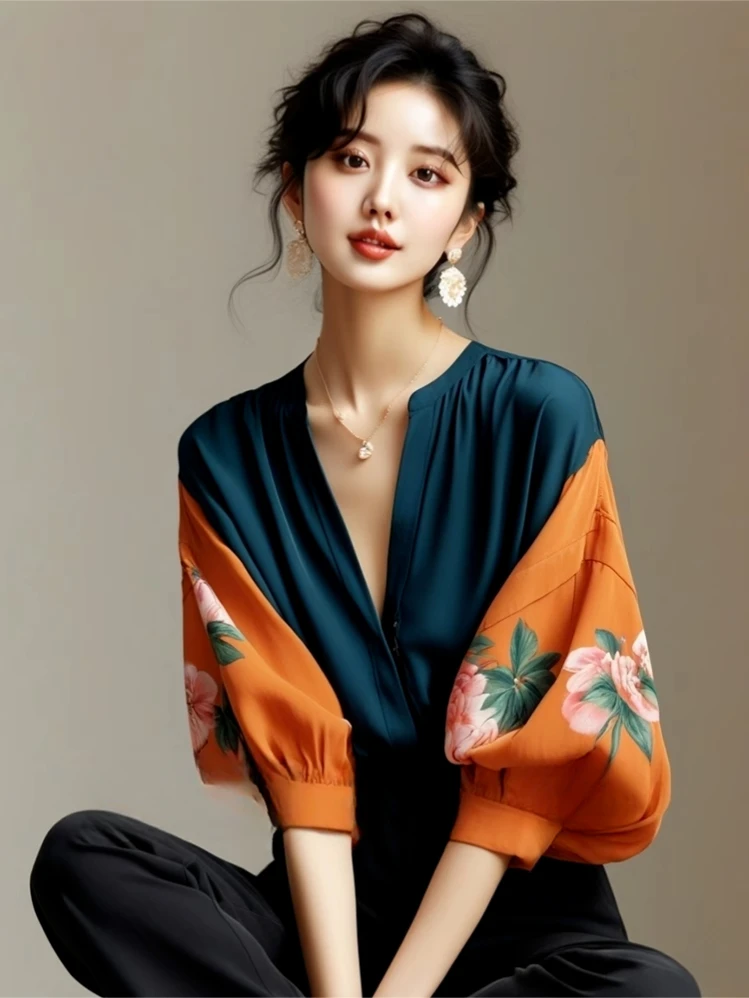 French Vintage Blouses V Neck Lantern Sleeve Flower Print Contrast Color Summer Shirts Loose Elegant Design 2025 Women Clothing