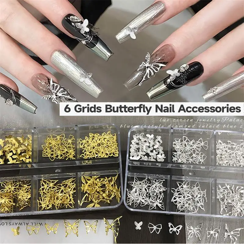 6 grilles 3D Rivet papillons Vintage Style européen décors d'ongles or/argent creux papillon Nail Art bricolage scintillant ongles Accents *