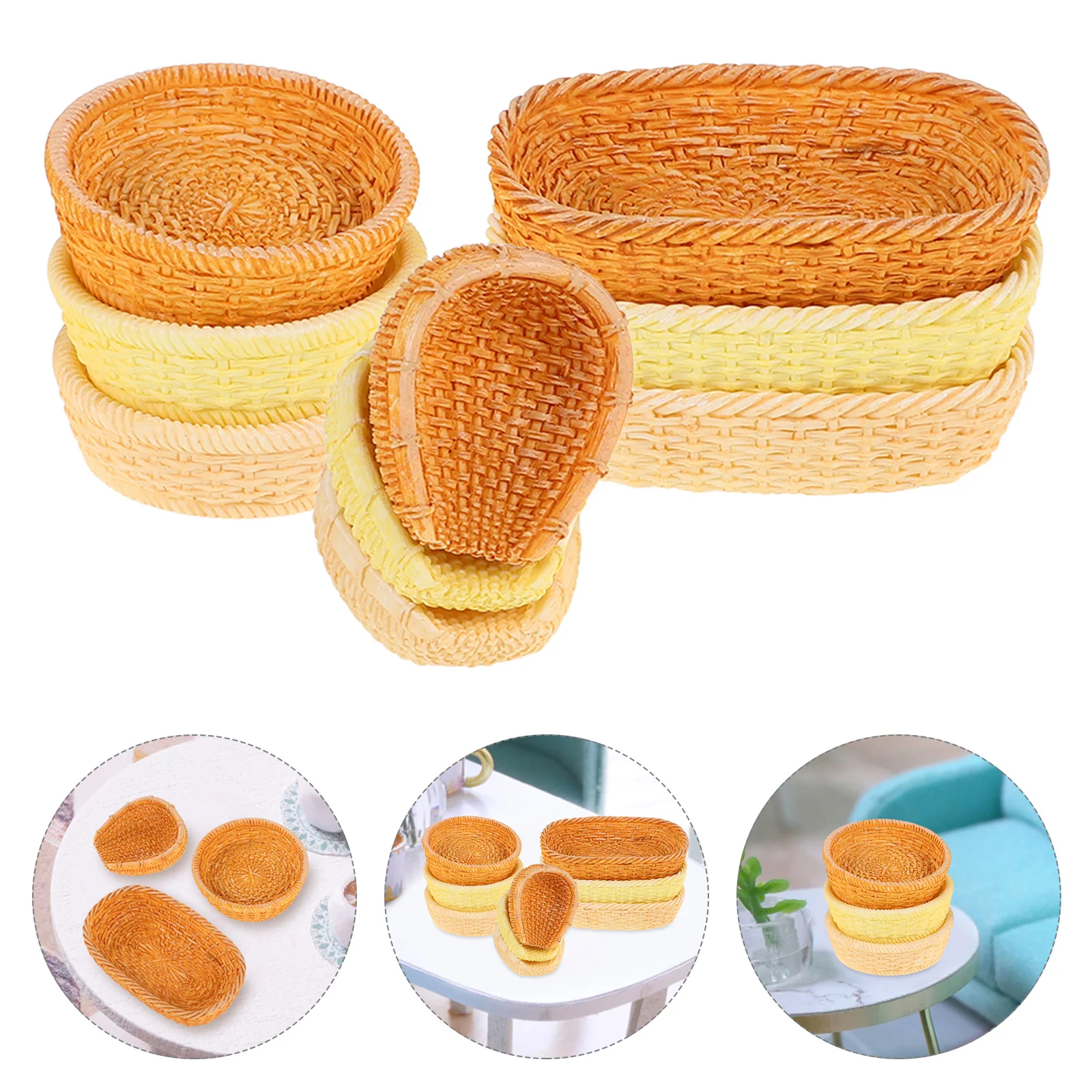 

9 Pcs Miniature Wicker Baskets Resin Dollhouse Accessories Landscape Decorations Small Round Bread Picnic Basket Mini