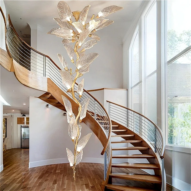 

Luxury Resin Leaf Ceiling Chandelier for Staircase Vila Hotel Copper Leaf Pendant Chandelier Living Room Ceiling Lamp Restaurant