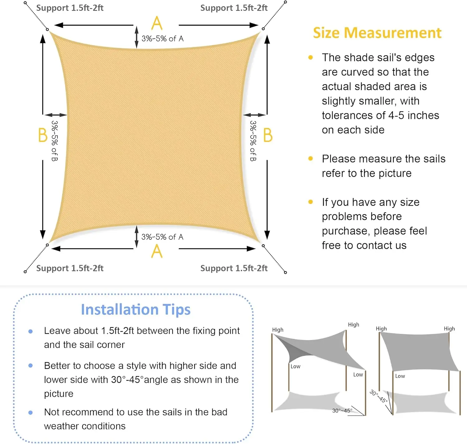 Sun Shade Sail with Grommets Large Square Canopy Shade Cover for Patio Garden Outdoor Backyard, Sand