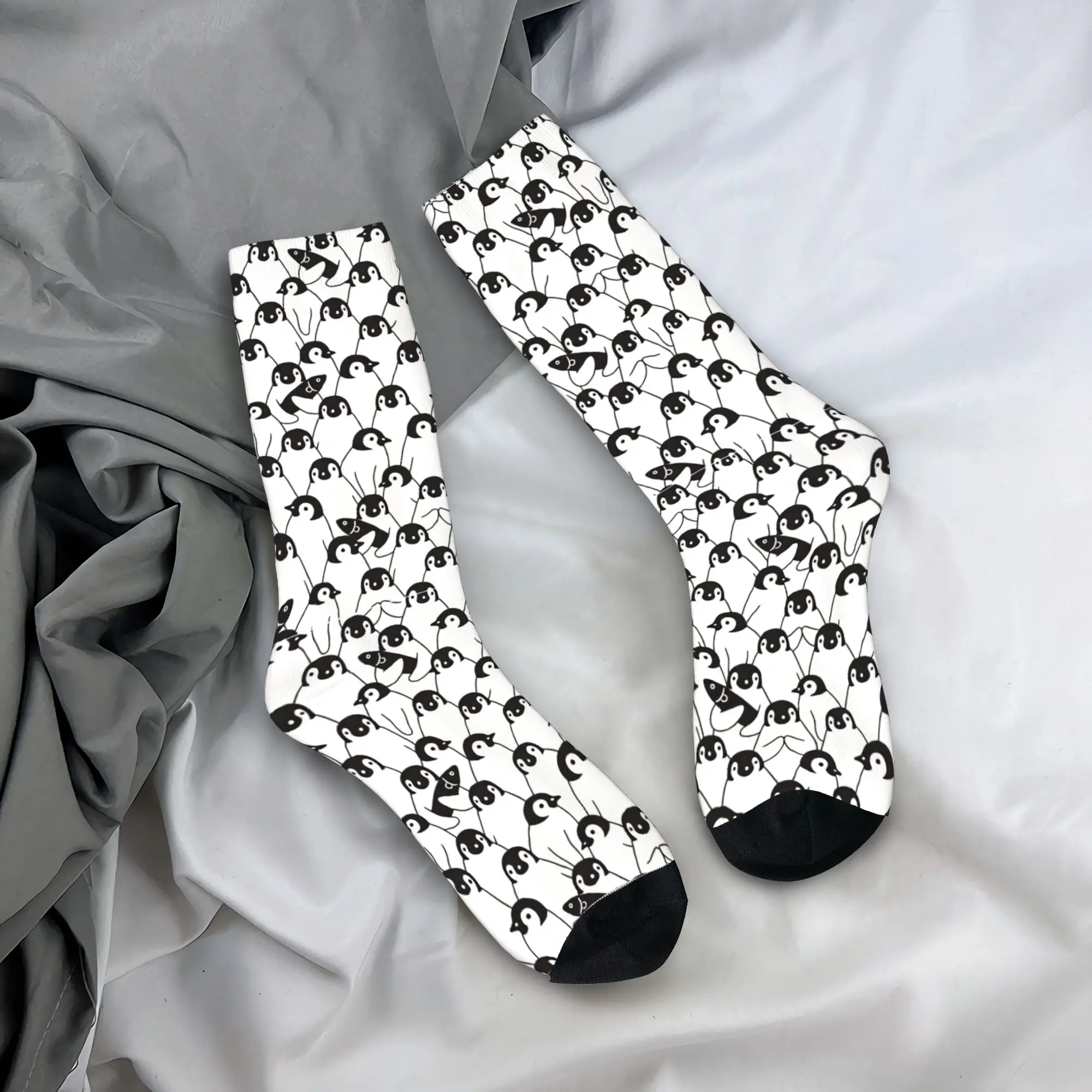 

Women Men Socks Black White Penguin With Fish Seamless Pattern Line Art Stockings Anti Skid Medium Soft Socks Trendy Socks