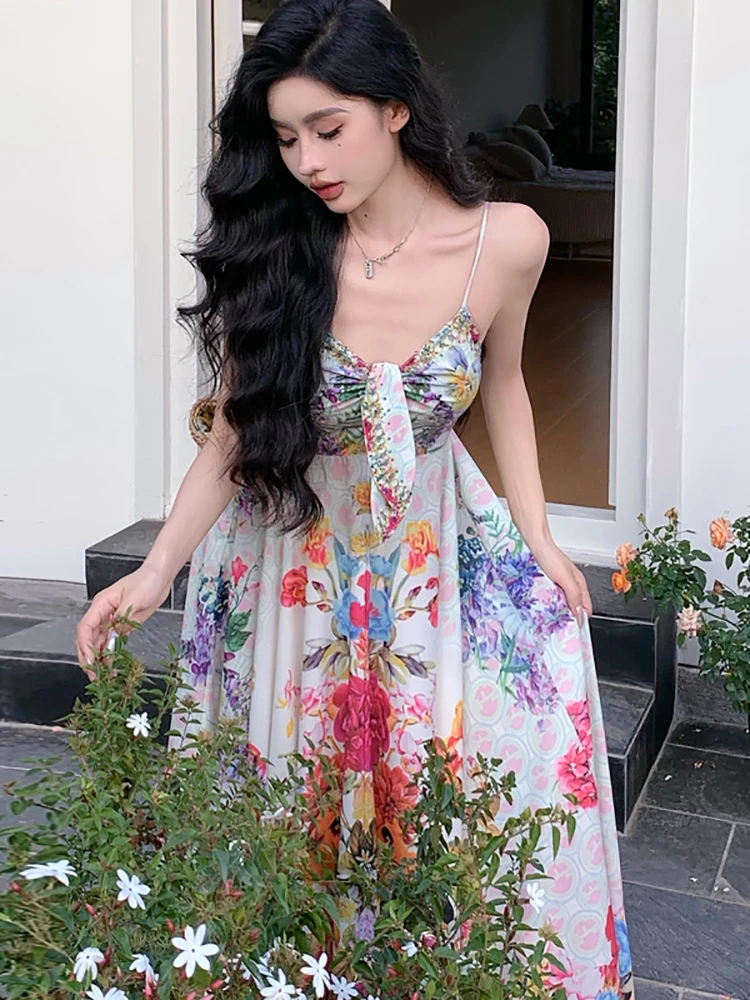 2025 New Boho Floral Chic Bow Sling Sexy Long Dress Summer Elegant Luxury Party Evening Dress Women Korean Bodycon Casual Dress