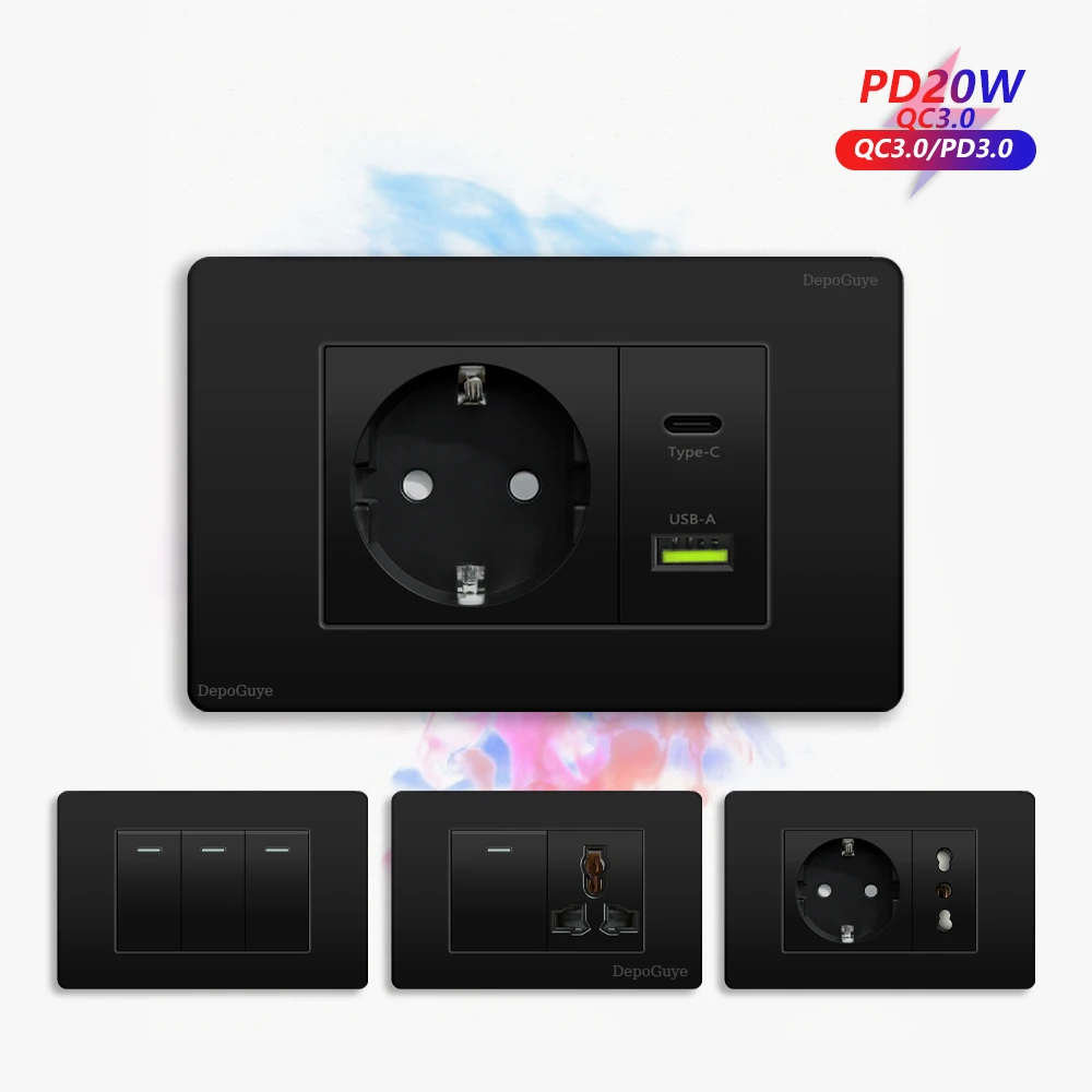 EU Korea Standard Electrical Outlet 220V Wall Light Power Switch,with USB Type-C 20W Smart Fast Charging Socket PC Panel TV TEL