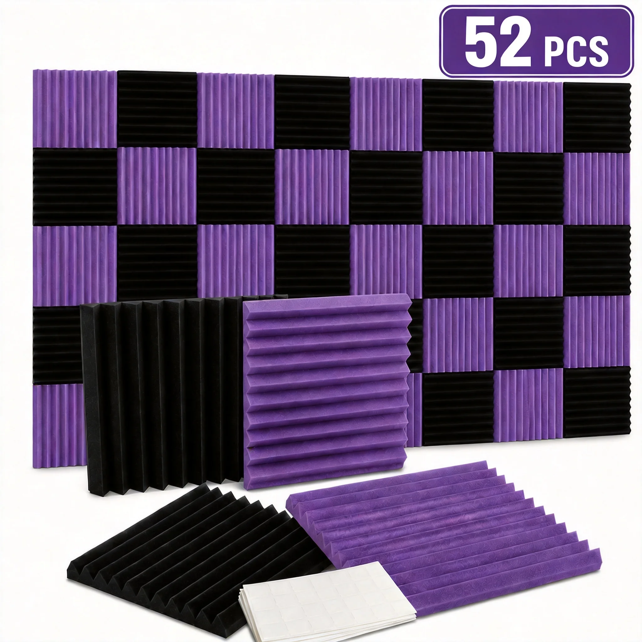 52Pcs Black Purple Sound Absorbing Acoustic Foam Panels Equipped Double Sided Adhesive Tape Sound Insulation Sponge for Recording Studio E-sports Gaming Room Broadcast Hall