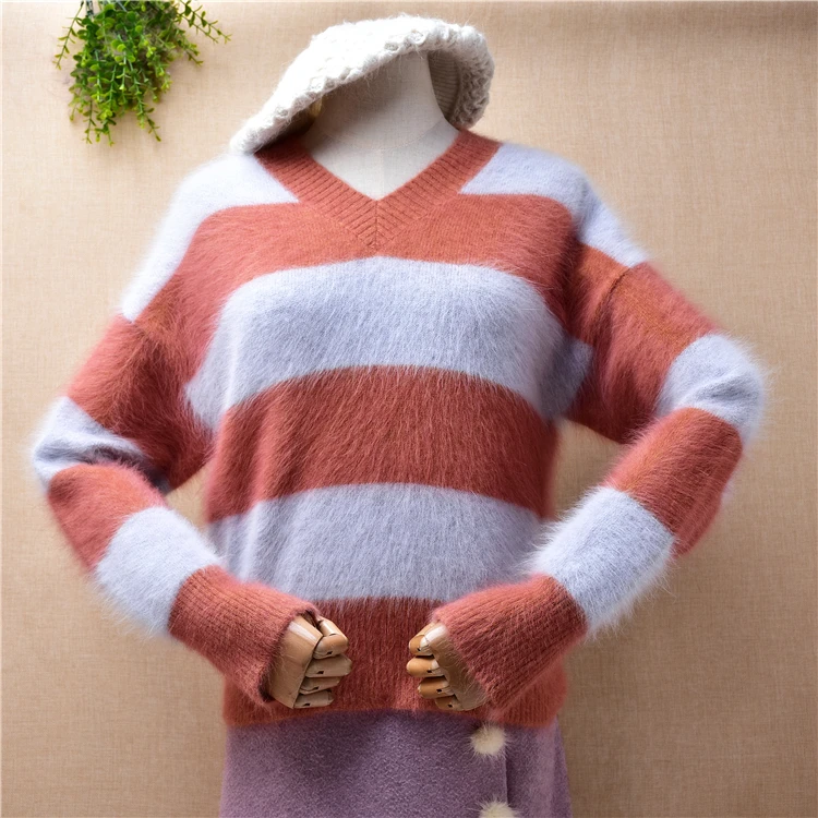 

Ladies Women Fall Winter Clothing Striped Hairy Soft Angora Rabbit Hair Knitted Long Sleeves Short Style Loose Pullover Sweater