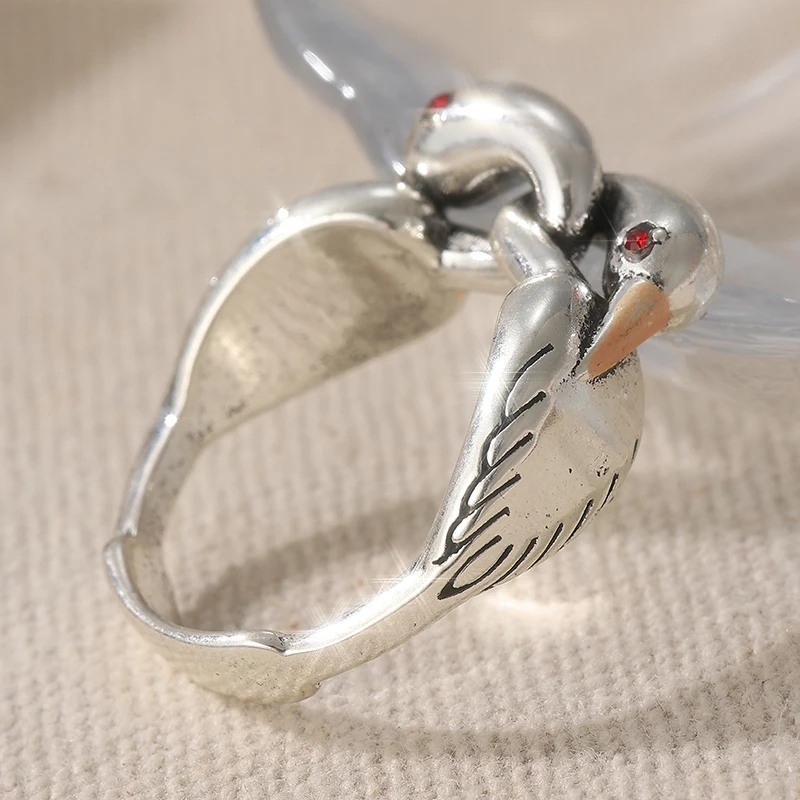 Vintage handgeschnitzter Vogel-Damenring, silberfarbenes Metall, geometrisch, für den täglichen Gebrauch, Party-Schmuck, Jubiläumsgeschenk – Detail 4