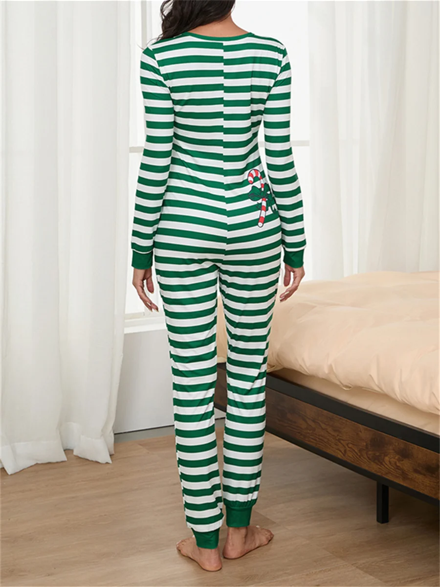 Sexy Christmas Pajamas Romper Women Y2k Stripe Printing Long Sleeve Bodycon 1 Piece Jumpsuit Ugly Christmas Pjs Sleepwear