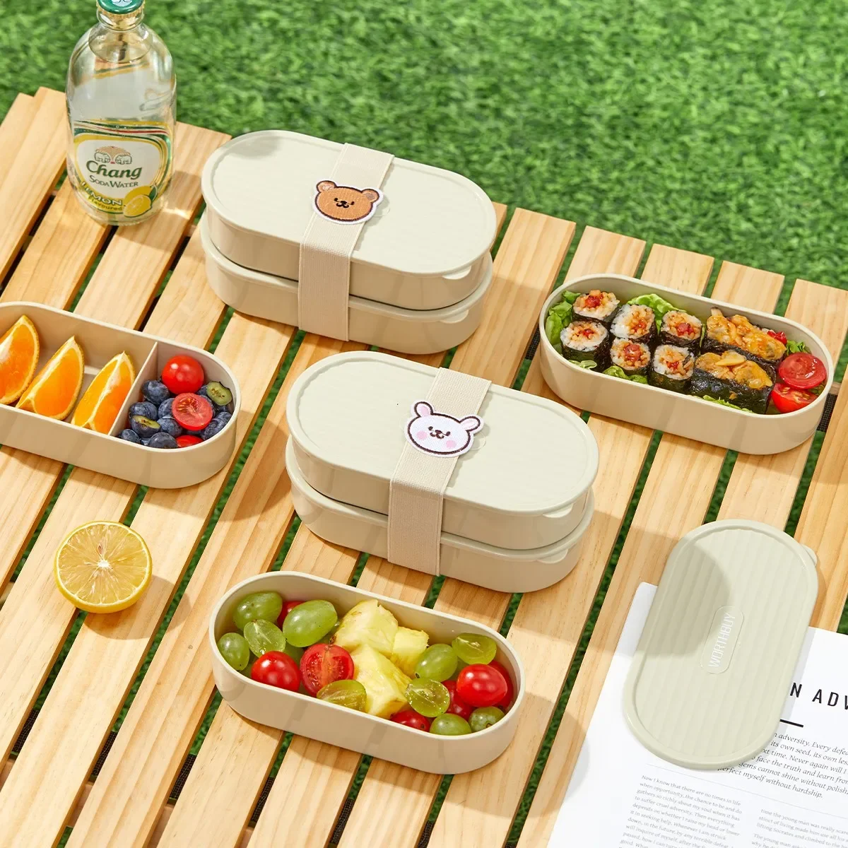 Plastic Lunch Box Double Layer Food Storage Container Picnic Portable Sealed Fruit Bento Box With Cartoon Strap Microwave Safe