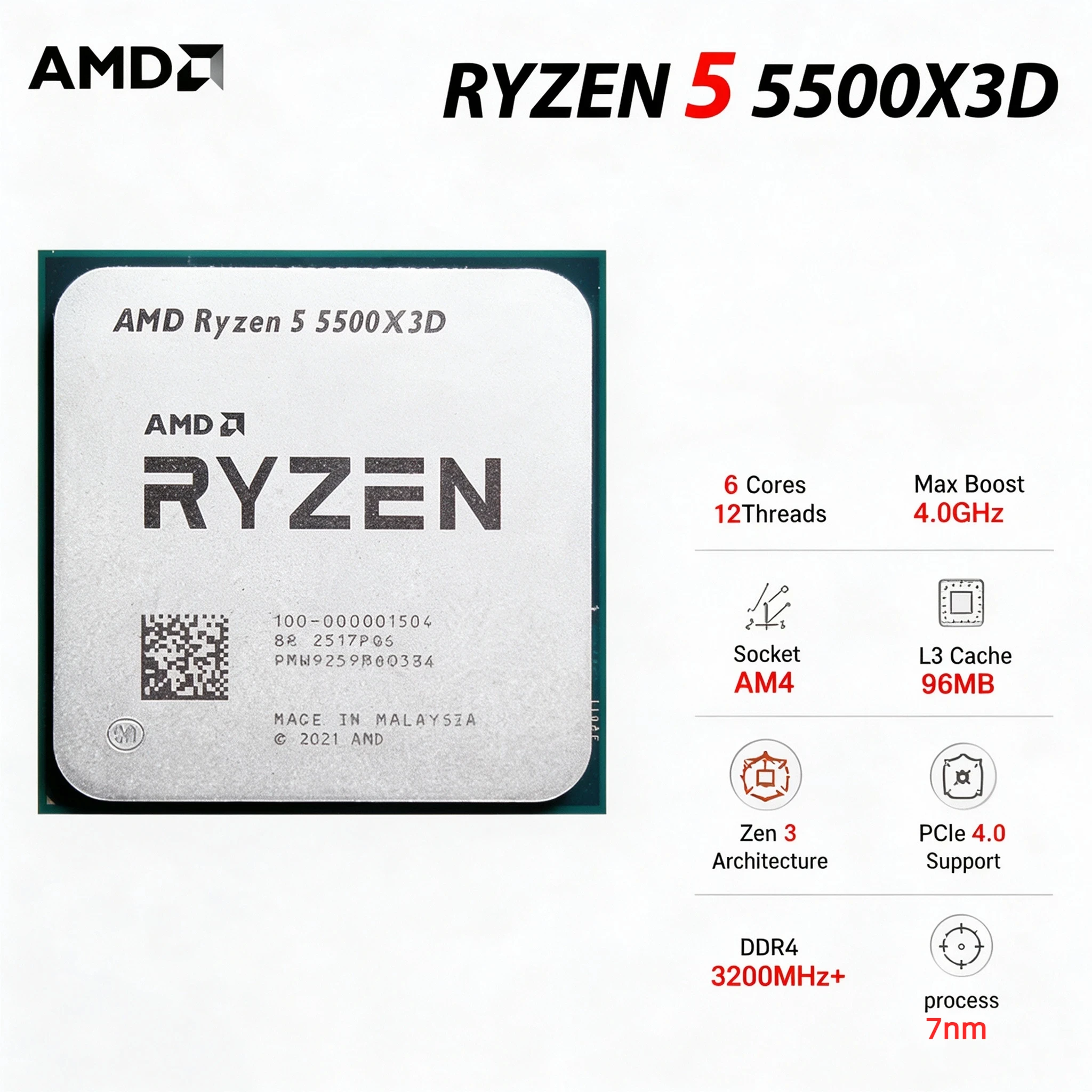 AMD Ryzen 5 5500X3D Drop-in Upgrade CPU for AM4 System 3D V-Cache 96MB L3 6 Core 12 Thread Zen 3 DDR4 Gaming Processor for 1080P