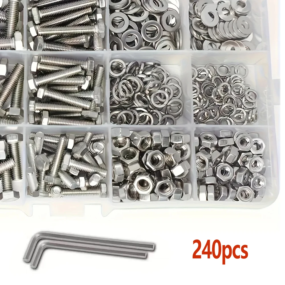 

240pcs Stainless Steel Hex Button Socket Head Cap Screw Flat Washer Hexagon Thread Machine Metric Nut Bolt Assortment Kit Set