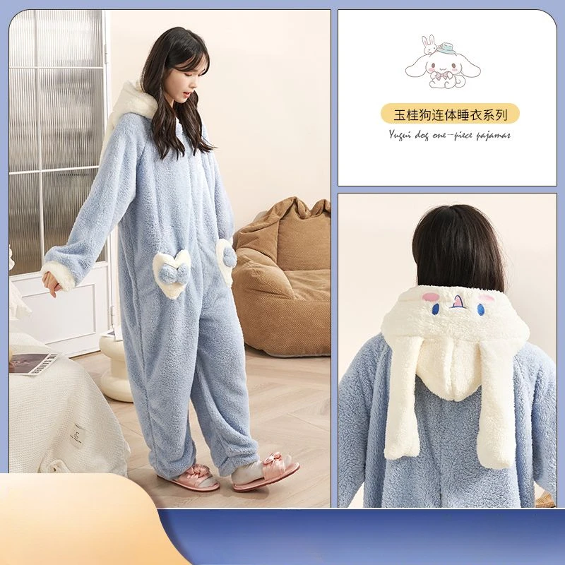 Sanrio Pajamas Flannel Women Anime Onesies Adults Cartoon Overalls Thicken Homewear Girls Warm Winter Sleepwear Fluffy Jumpsuits