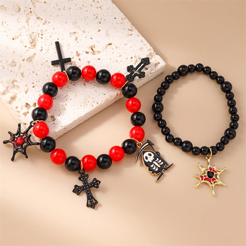 2 Stück/Set, modisches, handgefertigtes Armband mit Perlen für Damen, Halloween-Spinnen- und Kreuzanhänger, Armbänder für Mädchen, Party- und Festivalschmuck, Geschenk. – Detail 4