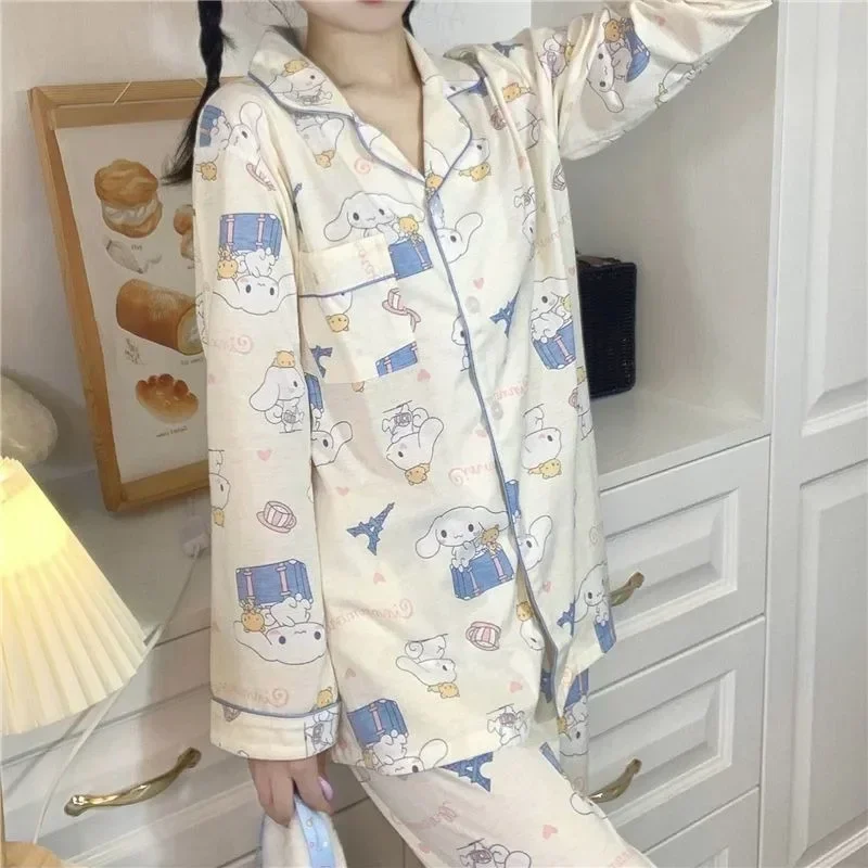 New Kawaii Cinnamoroll Cartoon Pajamas for Women Spring and Autumn Long-sleeved Trousers Home Wear Student Suit Holiday Gift