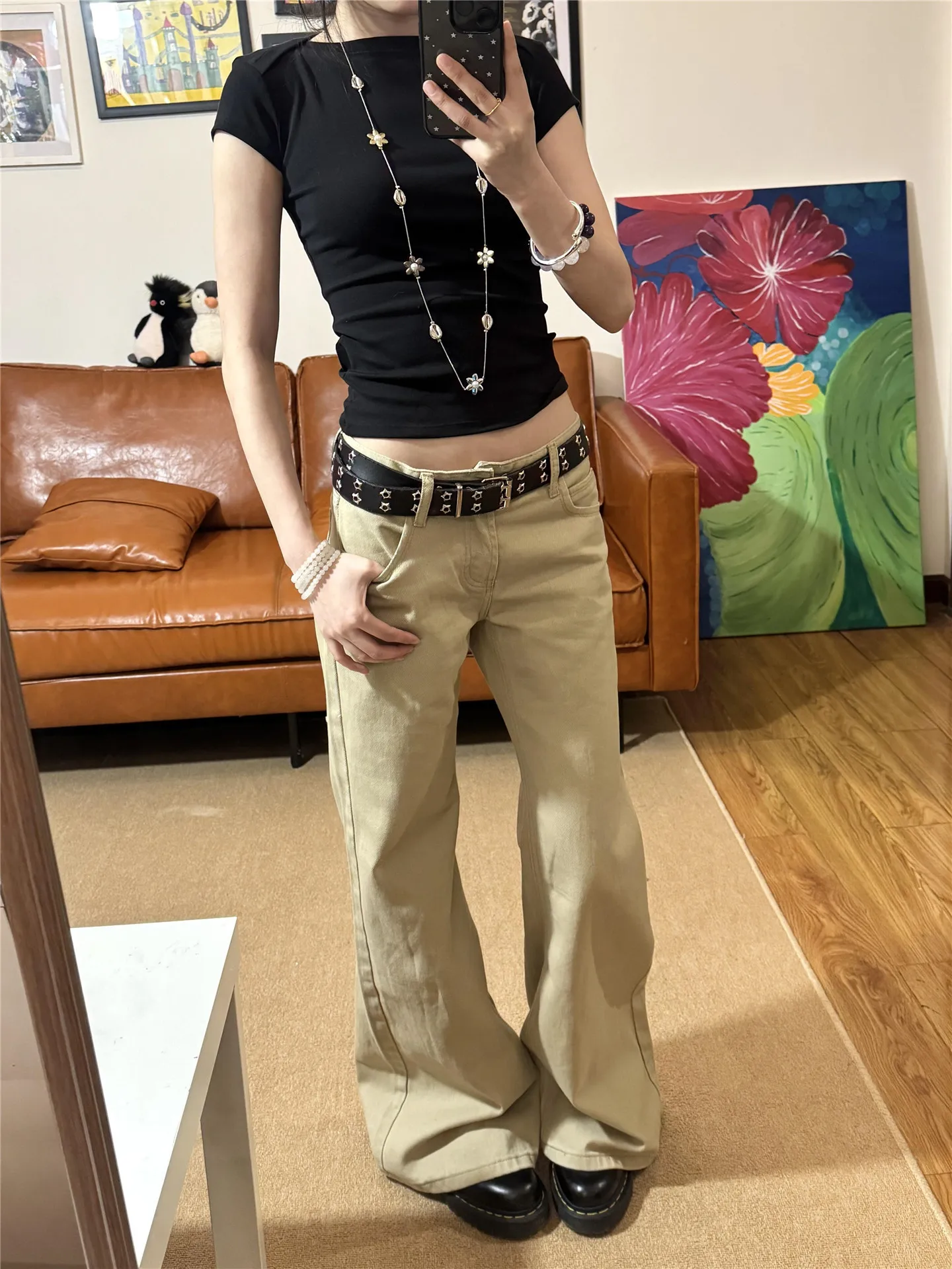 

Американские винтажные джинсы-клеш цвета хаки с низкой посадкой для женщин, весна-лето, свободные, стройнящие, драпирующиеся, сексуальные, в пол