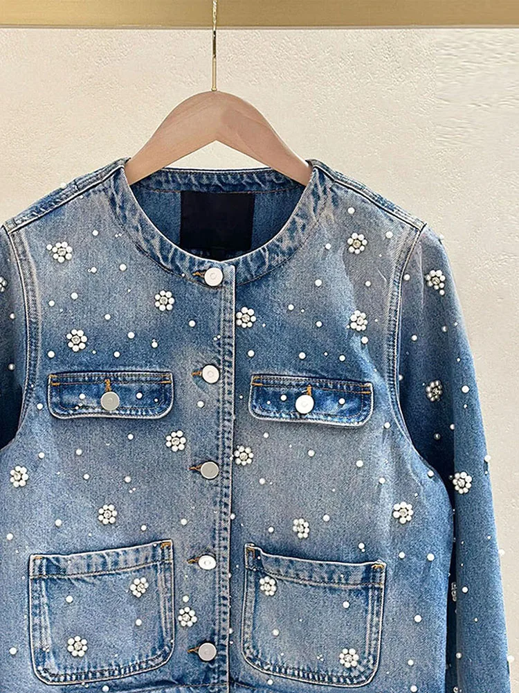 

Blue Fleaded ort Denim Open Cardigan Jaet Women's Premium Spring Faion Outerwear Loose Fit Long Sve round Ne