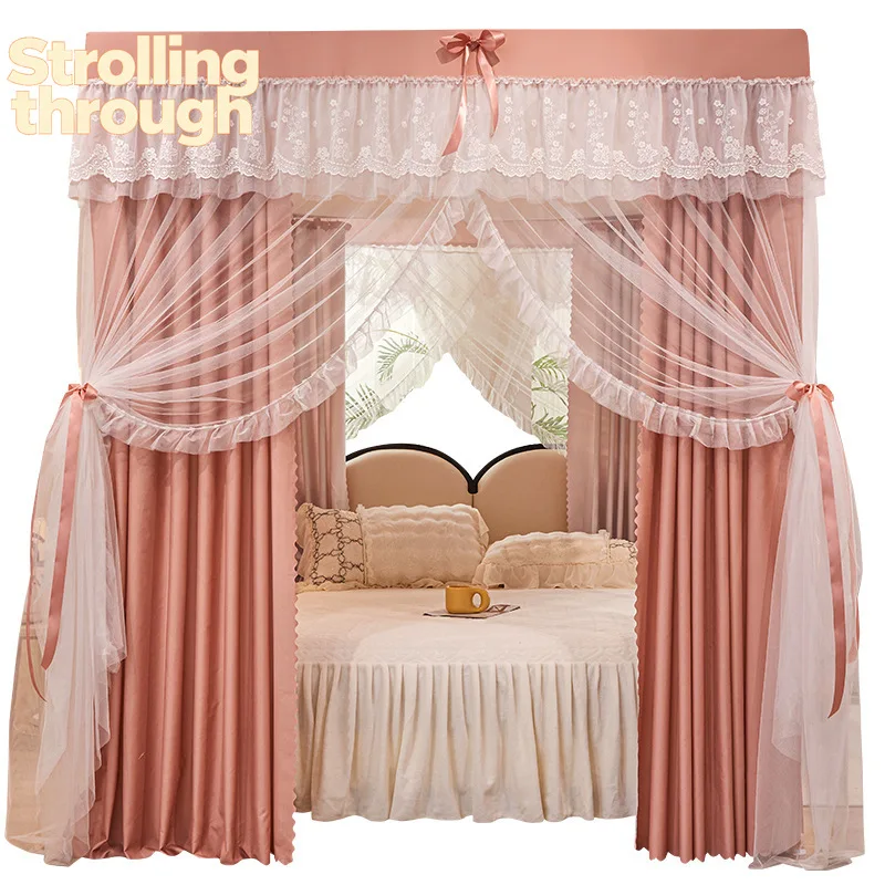 

Four Door Double Layered Bed Curtain Palace Style Thickened Light and Mosquito Proof Floor To Floor Bed Curtain