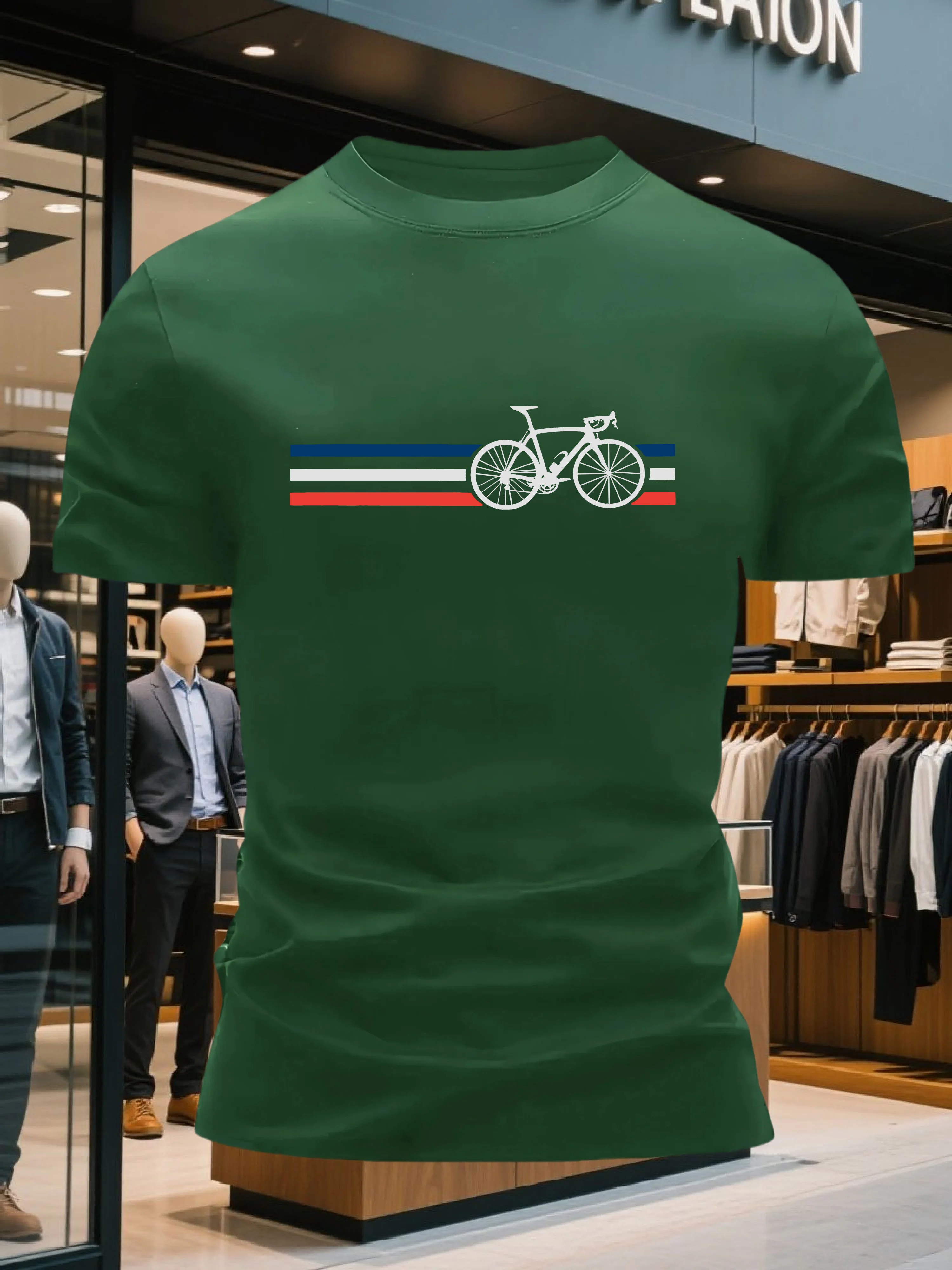Summer Men's 100% Cotton T-shirt Soft Breathable Round-neck Short-sleeved Casual Wear with Simple Bicycle Print Fashion Loose
