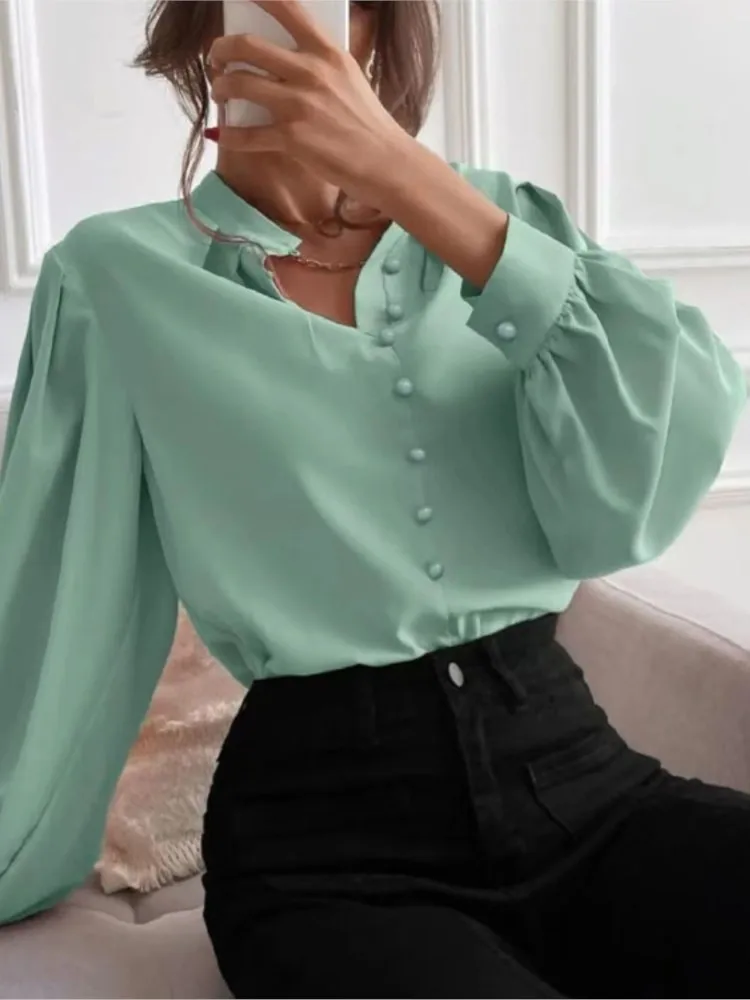

Spring Summer Women's Clothing Elegant Solid Color Lapel Long Sleeved Fashionable Single Row Button Loose Women's Top