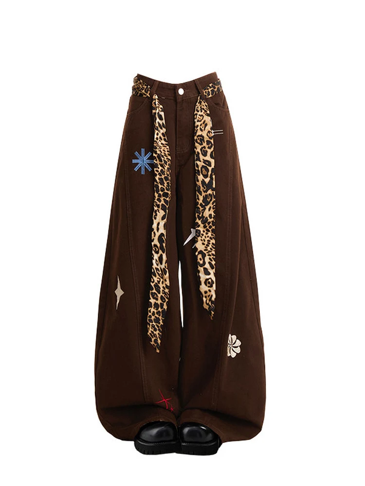 

American Style Leopard Print Embroidered Brown Denim Pants High Waist Loose Wide Leg Vintage Slimming Knife Pants for Women