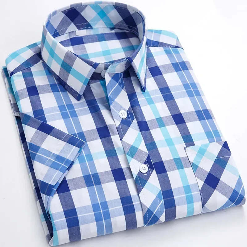 New Summer Mens Designer Shirt Short Sleeve Casual 100% Cotton Plaid Thin Middel-aged Dad Daily Home Trip Clothes Oversized 8XL