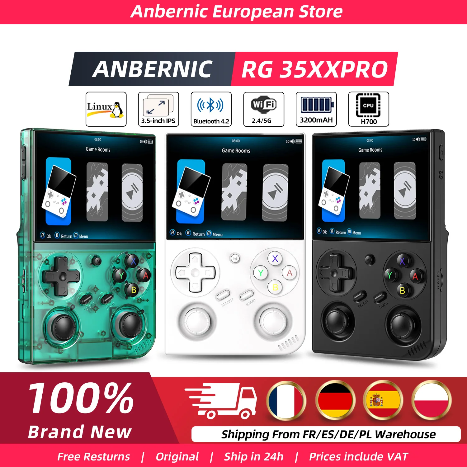 Console de jeu rétro portable Anbernic RG35XX Pro avec écran IPS de 3,5 pouces, sortie HDMI TV, WiFi 5G, Bluetooth 4.2, système Linux, batterie 3200 mAh