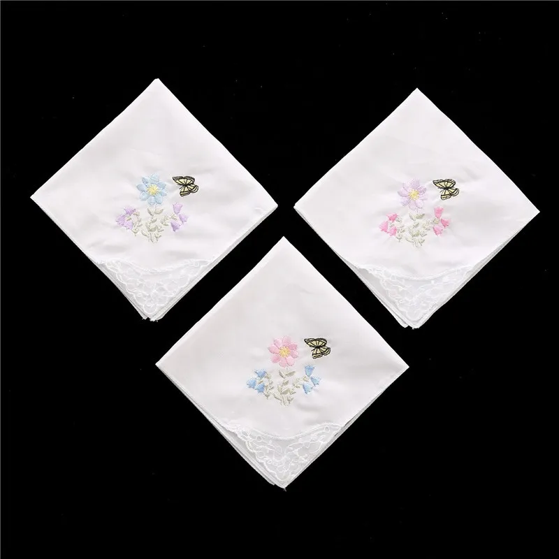 3Pcs 28x28cm Butterfly Lace Flower Embroidered 100% Cotton White Color Women Handkerchiefs Wedding Party Gift