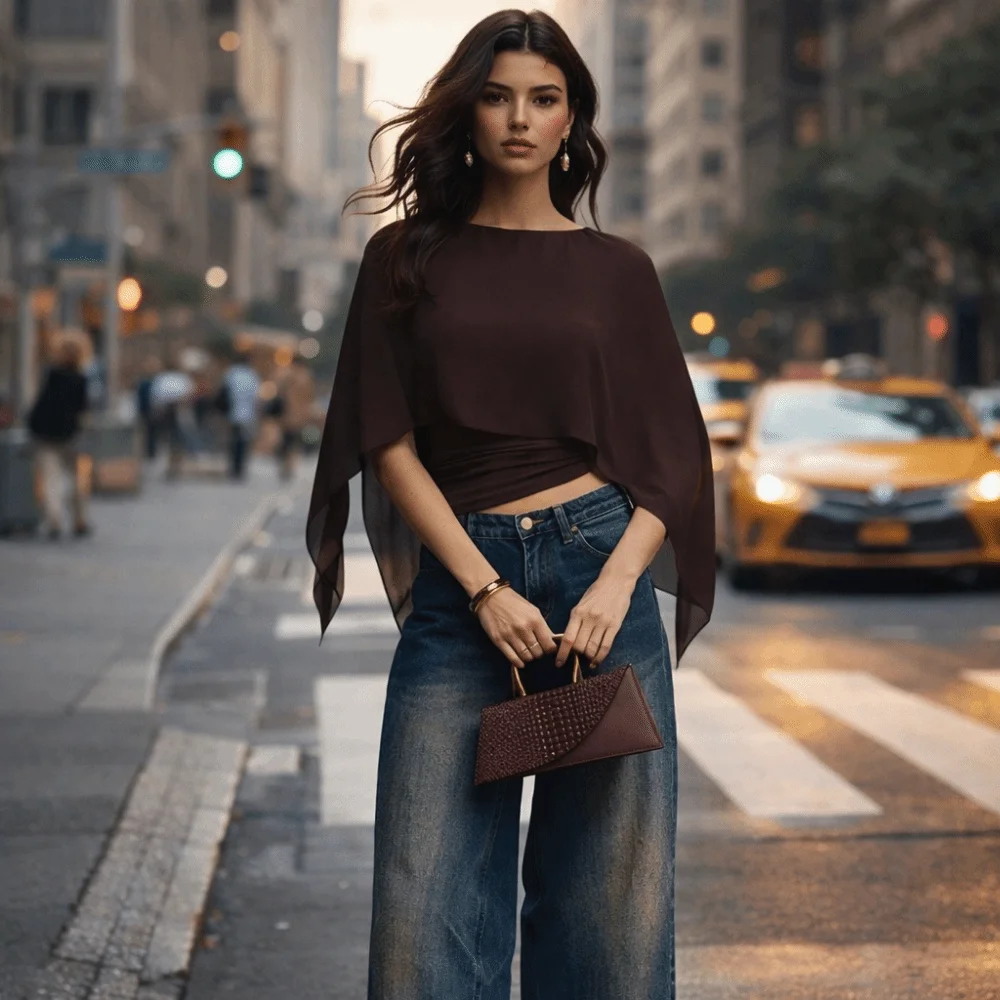 Round Neck Cape Sleeve Top Slim Fit Ruched Waist Irregular T-Shirt Open Front Sheer Fabric False Two-Piece Tops Casual Daily