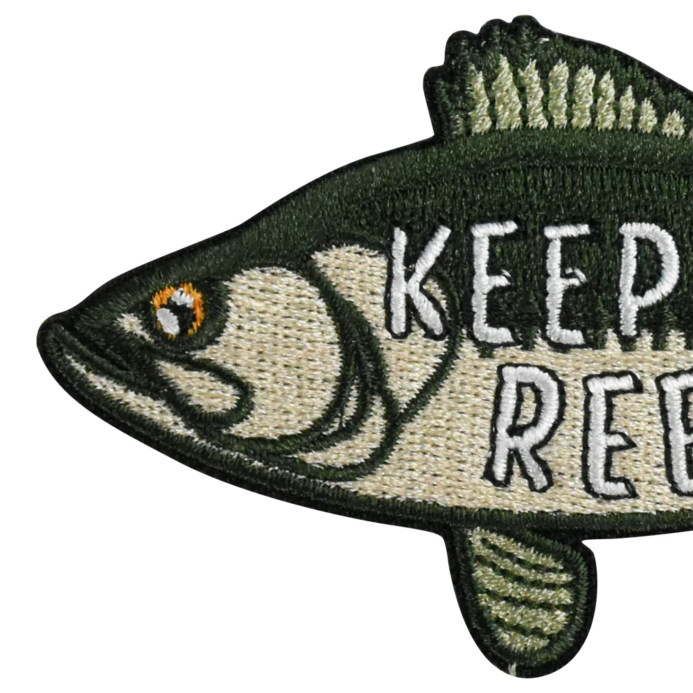 Keep It Reel Large Mouth Bass Freshwater Fish Embroidered Patch Iron On Lake Life Fishing Nature Lover DIY Applique Clothing