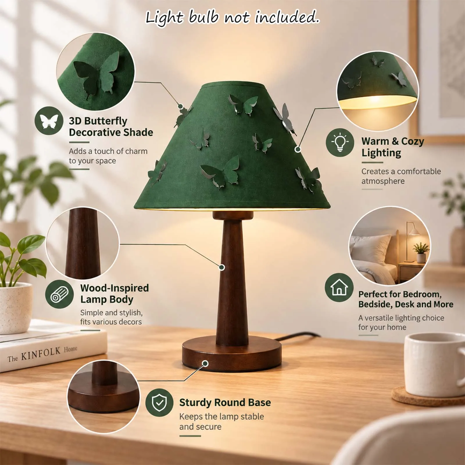 Green Butterfly Table Lamp, Conical Shade Wood Base for Bedroom Bedside Living Room