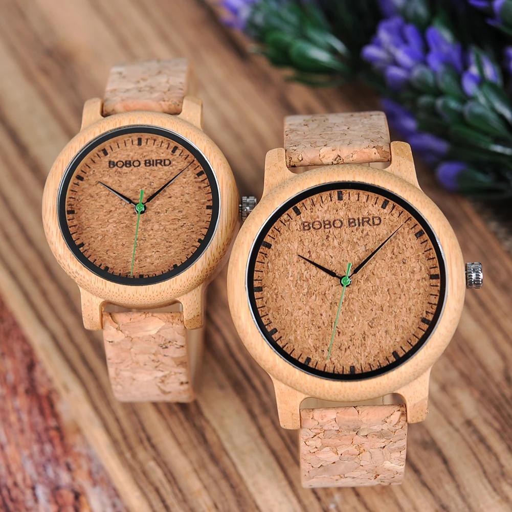 BOBO BIRD Couple Watch Bamboo Quartz Wristwatch For Lovers Men Women Cork Leather Strap Timepieces Great Gift Dropshipping