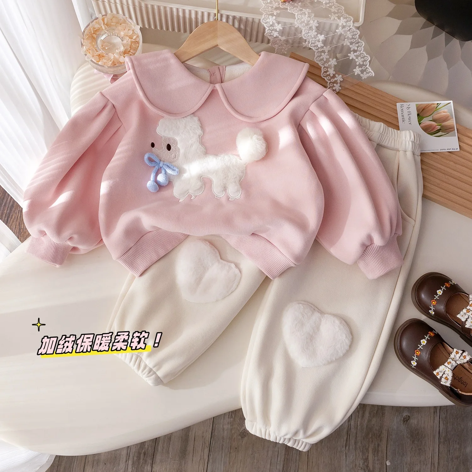 

Korean Winter Kids Girls 2PCS Clothes Set Plush Cartoon Dog Hoodie Love Patch Embroidered Casual Pants Suit Toddler Girl Outfits